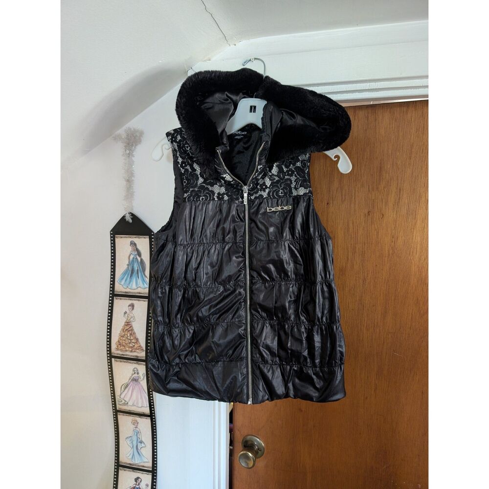 Y2K BEBE BLACK HOODED PUFFER ZIP VEST WITH LACE SIZE XS